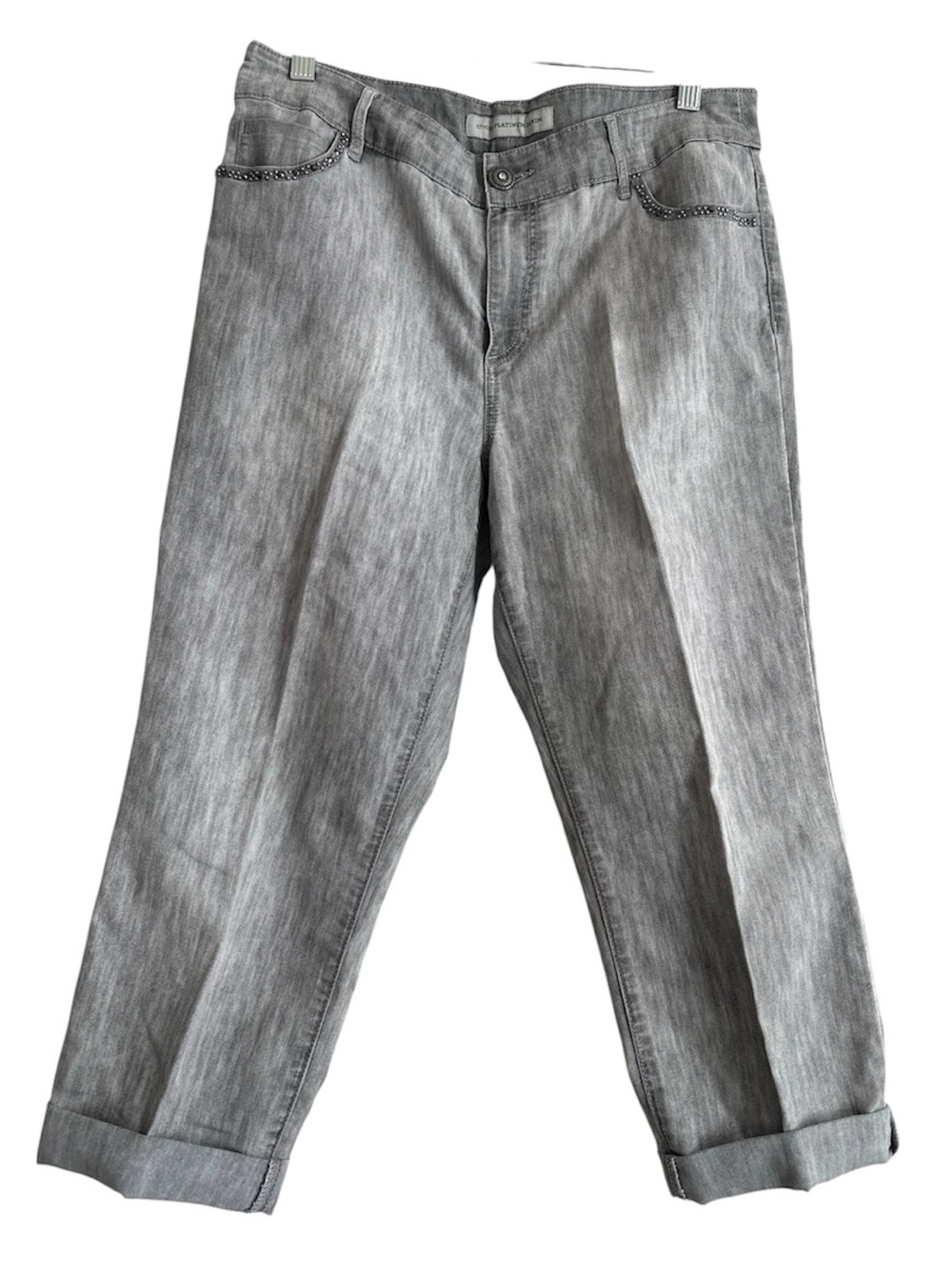 Chico's Platinum Denim Gray Straight Leg embroidered Pants Women’s Size 2